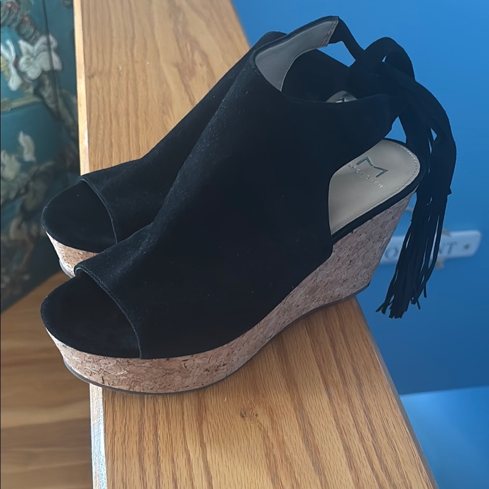 Marc Fisher Black Wedge Sandals with Tassel Accents